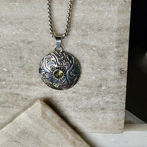 Men's Silver Carved Disc & Stone Pendant